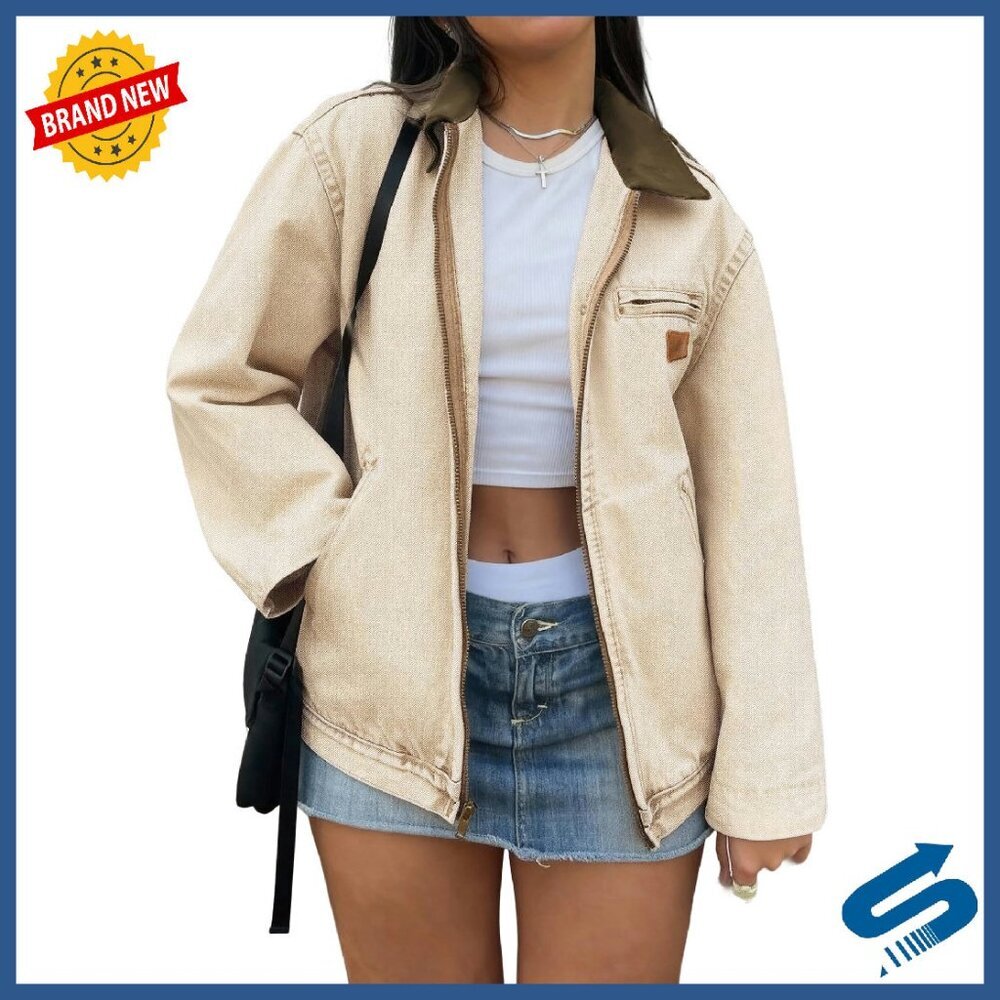 Cropped Denim Jacket Women's 100% Cotton Zipper Casual Fall Long Sleeve